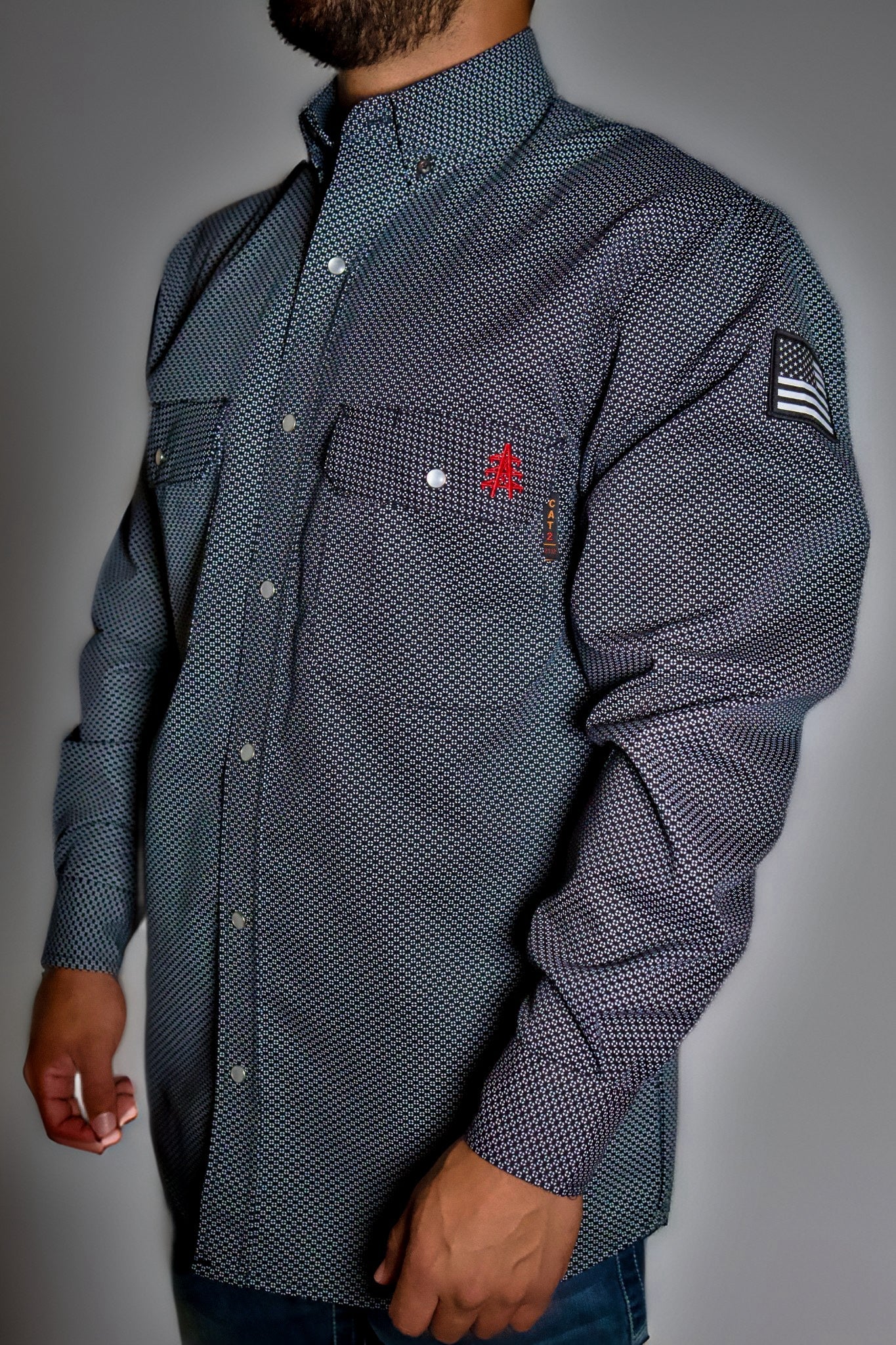 FR Pearl Snap Work Shirt - Shadow Black - With U.S Flag